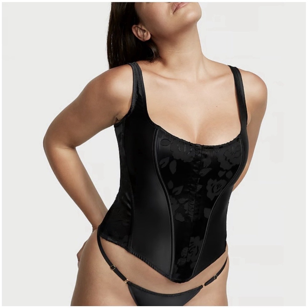 Victoria's Secret VS Archives Burnout Satin Corset Sz S Black Floral Lace Up